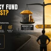 Balance scale showing an emergency fund for financial safety on one side and SIP investing for long-term goals on the other.