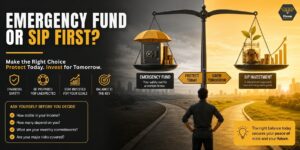 Balance scale showing an emergency fund for financial safety on one side and SIP investing for long-term goals on the other.