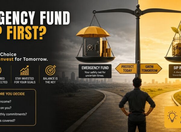 Balance scale showing an emergency fund for financial safety on one side and SIP investing for long-term goals on the other.