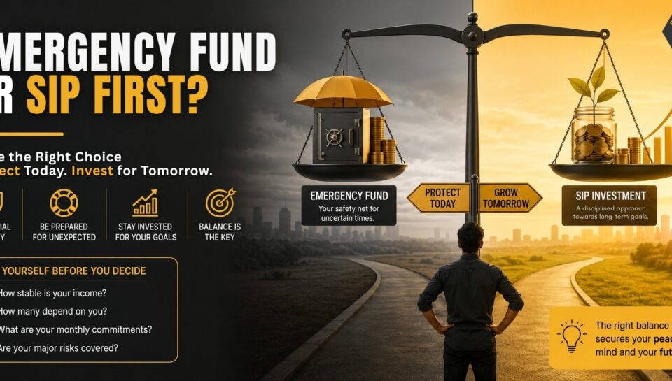 Balance scale showing an emergency fund for financial safety on one side and SIP investing for long-term goals on the other.