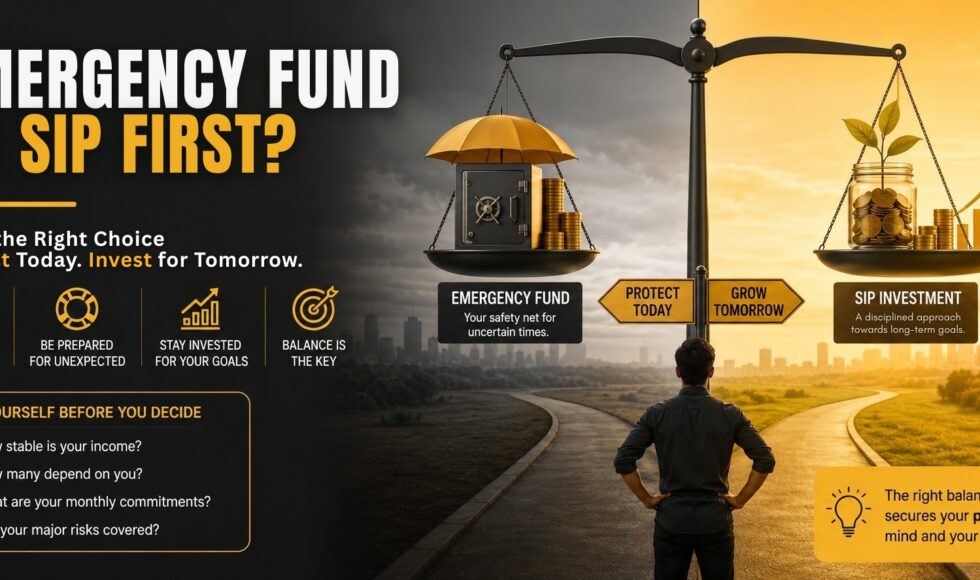 Emergency Fund or SIP First? | Hexo Wealth Balance scale showing an emergency fund for financial safety on one side and SIP investing for long-term goals on the other.