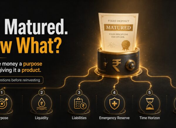 FD maturity illustration showing six questions to consider before reinvesting: purpose, liquidity, liabilities, emergency reserve, time horizon and portfolio fit.