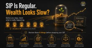 SIP investment illustration showing six checks before stopping: time period, return measure, expectations, goal fit, comparison and SIP amount.