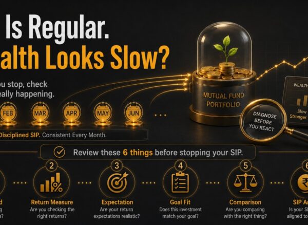 SIP investment illustration showing six checks before stopping: time period, return measure, expectations, goal fit, comparison and SIP amount.