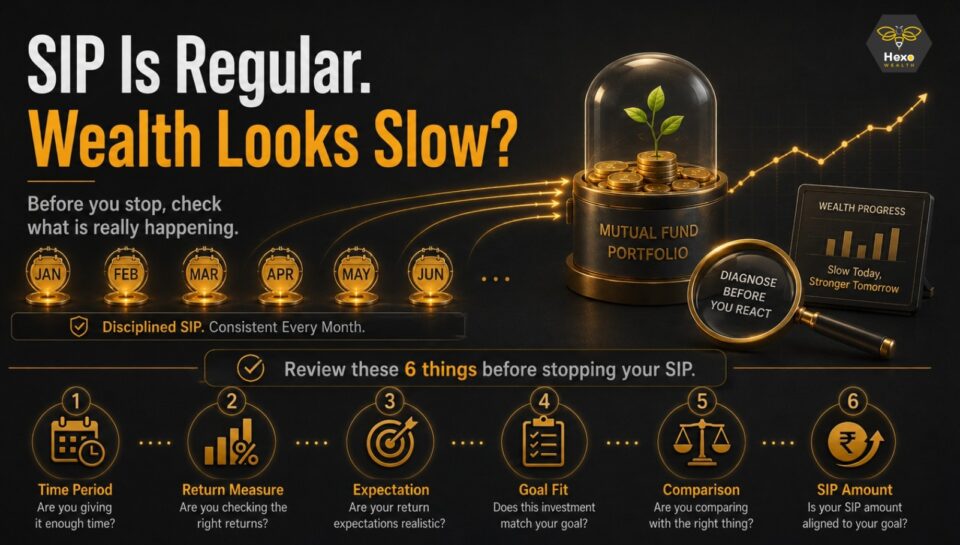 SIP investment illustration showing six checks before stopping: time period, return measure, expectations, goal fit, comparison and SIP amount.