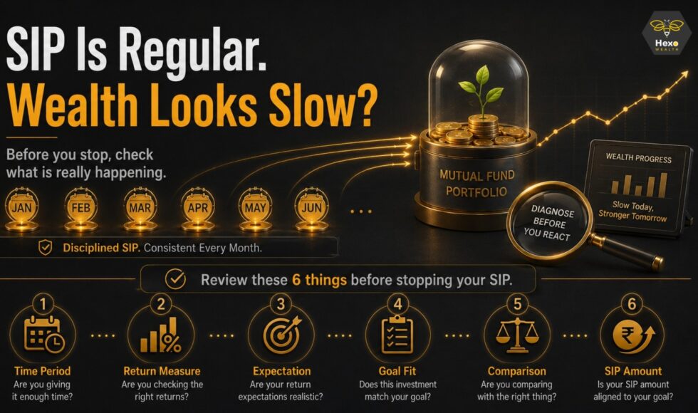 SIP Is Regular but Wealth Looks Slow | Hexo Wealth SIP investment illustration showing six checks before stopping: time period, return measure, expectations, goal fit, comparison and SIP amount.